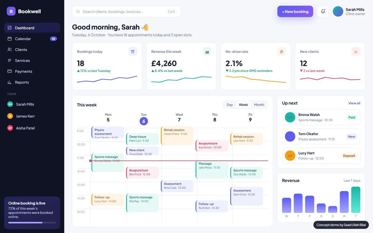 Bookwell booking dashboard